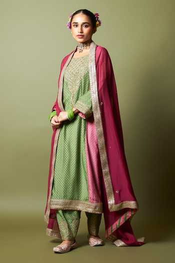 Buy_Pants And Pajamas_Multi Color Silk, Modal, Chanderi Embroidery, Zari, Lace Round Zewara Kurta Set _Online_at_Aza_Fashions