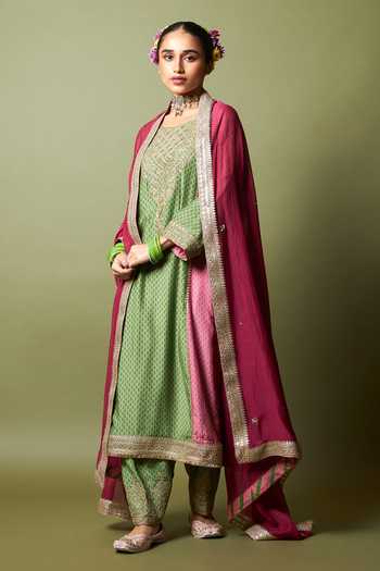 Buy_Pants And Pajamas_Multi Color Silk, Modal Embroidery, Zari Round Neck Zewara Kurta _Online_at_Aza_Fashions