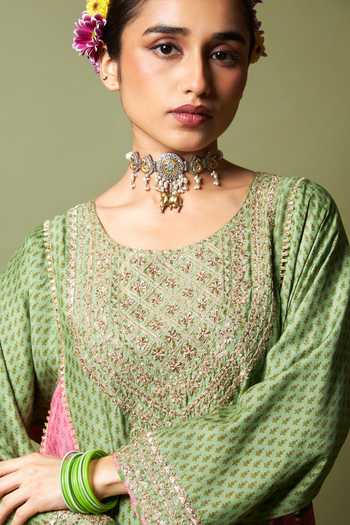 Shop_Pants And Pajamas_Multi Color Silk, Modal Embroidery, Zari Round Neck Zewara Kurta _Online_at_Aza_Fashions