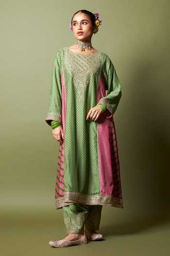 Pants And Pajamas_Green Silk, Modal Embroidery Zewara Salwar _Online_at_Aza_Fashions