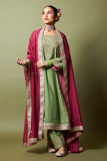 Pants And Pajamas_Green Silk, Modal Embroidery Zewara Salwar _at_Aza_Fashions