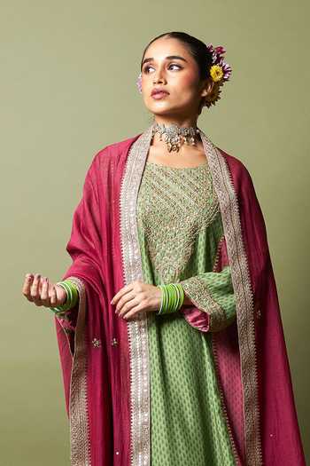Pants And Pajamas_Wine Chanderi Embroidery, Zari, Lace Zewara Dupatta _Online_at_Aza_Fashions