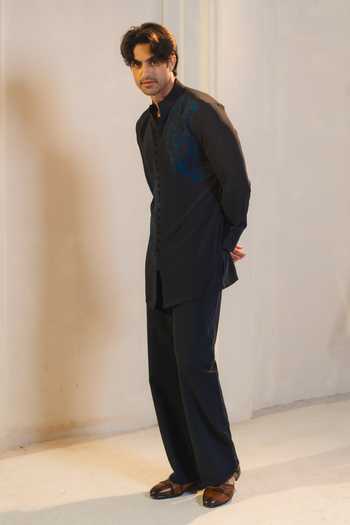 Jatin Malik_Blue Silk, Crepe Embroidery Starveil Nehru Jacket And Kurta Set _Online_at_Aza_Fashions