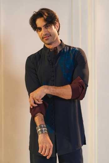 Shop_Jatin Malik_Blue Silk, Crepe Embroidery Starveil Nehru Jacket And Kurta Set _Online_at_Aza_Fashions