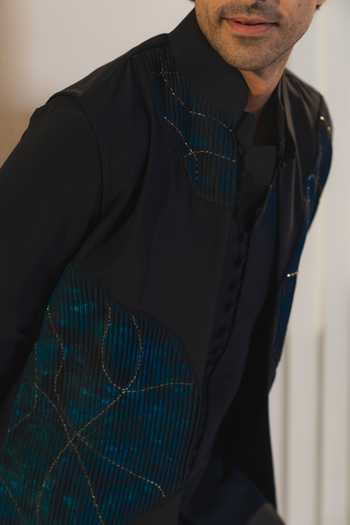 Shop_Jatin Malik_Blue Silk, Crepe Embroidery Starveil Nehru Jacket And Kurta Set 