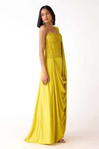 Basanti Kapde aur Koffee_Lime Lycra Beads Sweetheart Neck Embroidered Blouse And Draped Saree Set _Online_at_Aza_Fashions