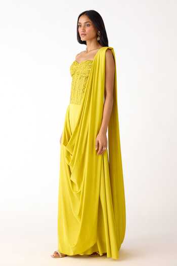 Buy_Basanti Kapde aur Koffee_Lime Lycra Beads Sweetheart Neck Embroidered Blouse And Draped Saree Set _Online_at_Aza_Fashions