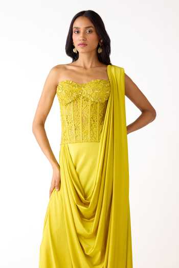 Shop_Basanti Kapde aur Koffee_Lime Lycra Beads Sweetheart Neck Embroidered Blouse And Draped Saree Set _Online_at_Aza_Fashions