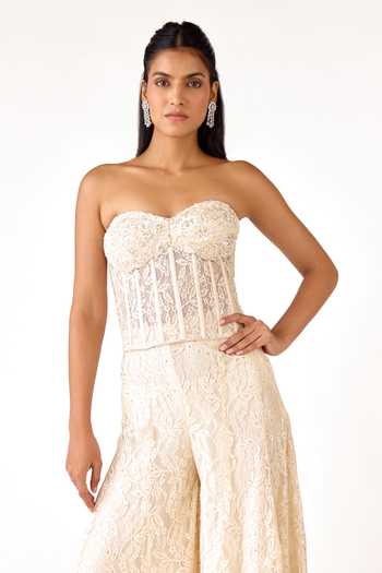 Shop_Basanti Kapde aur Koffee_Ivory Chantilly, Net Sequins, Beads, Pearls, Cut Work Blouse And Sharara Set _Online_at_Aza_Fashions