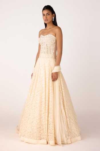Basanti Kapde aur Koffee_Ivory Net, Chantilly Beads, Crystals, Cut Work Embroidered Lehenga Set _Online_at_Aza_Fashions
