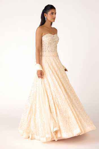Buy_Basanti Kapde aur Koffee_Ivory Net, Chantilly Beads, Crystals, Cut Work Embroidered Lehenga Set _Online_at_Aza_Fashions