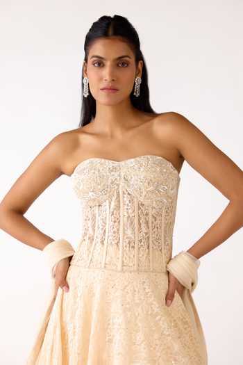 Buy_Basanti Kapde aur Koffee_Ivory Net, Chantilly Beads, Crystals, Cut Work Embroidered Lehenga Set 