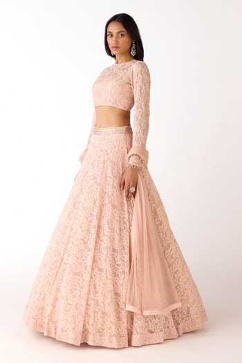 Buy_Basanti Kapde aur Koffee_Peach Net, Chantilly Beads, Sequins Round Neck Tonal Embroidered Lehenga Set _Online_at_Aza_Fashions
