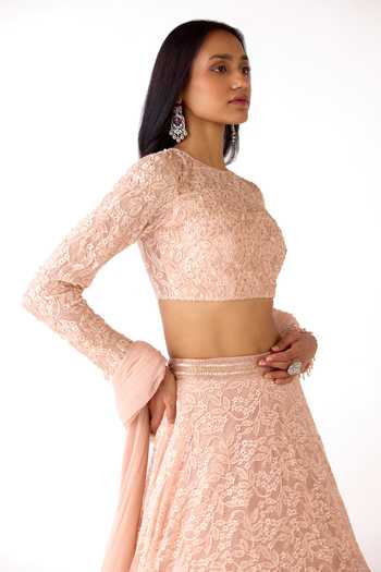 Shop_Basanti Kapde aur Koffee_Peach Net, Chantilly Beads, Sequins Round Neck Tonal Embroidered Lehenga Set _Online_at_Aza_Fashions