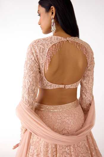 Basanti Kapde aur Koffee_Peach Net, Chantilly Beads, Sequins Round Neck Tonal Embroidered Lehenga Set _at_Aza_Fashions
