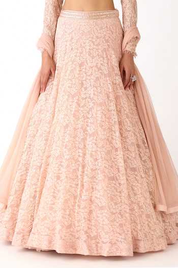 Buy_Basanti Kapde aur Koffee_Peach Net, Chantilly Beads, Sequins Round Neck Tonal Embroidered Lehenga Set 