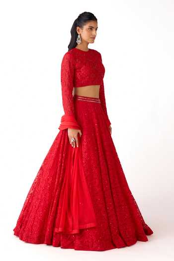 Basanti Kapde aur Koffee_Red Net, Chantilly Sequins, Beads, Crystals Round Neck Embroidered Lehenga Set _Online_at_Aza_Fashions