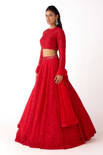 Buy_Basanti Kapde aur Koffee_Red Net, Chantilly Sequins, Beads, Crystals Round Neck Embroidered Lehenga Set _Online_at_Aza_Fashions