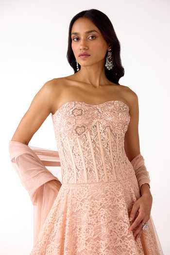 Buy_Basanti Kapde aur Koffee_Peach Chantilly, Net Beads, Crystals Sweetheart Tonal Embroidered Lehenga Set _Online_at_Aza_Fashions