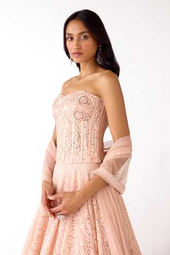 Shop_Basanti Kapde aur Koffee_Peach Chantilly, Net Beads, Crystals Sweetheart Tonal Embroidered Lehenga Set _Online_at_Aza_Fashions