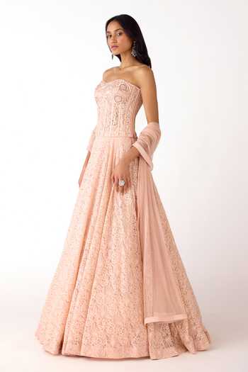 Buy_Basanti Kapde aur Koffee_Peach Chantilly, Net Beads, Crystals Sweetheart Tonal Embroidered Lehenga Set 