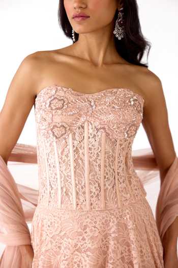 Shop_Basanti Kapde aur Koffee_Peach Chantilly, Net Beads, Crystals Sweetheart Tonal Embroidered Lehenga Set 