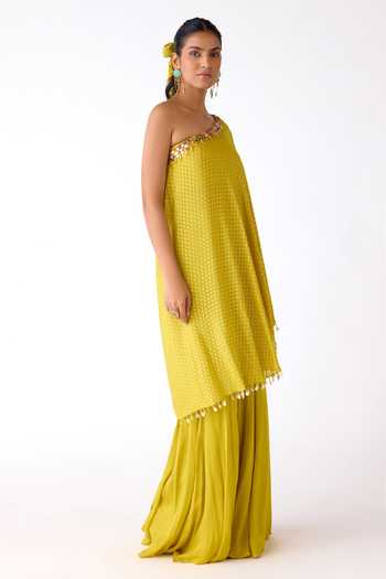 Basanti Kapde aur Koffee_Yellow Chinon Mirrors, Zari, Beads One Placed Embroidered Cape Sharara Set _Online_at_Aza_Fashions