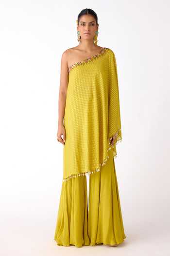 Buy_Basanti Kapde aur Koffee_Yellow Chinon Mirrors, Zari, Beads One Placed Embroidered Cape Sharara Set _Online_at_Aza_Fashions