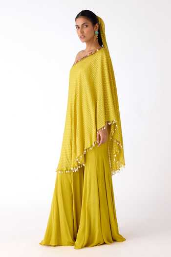 Shop_Basanti Kapde aur Koffee_Yellow Chinon Mirrors, Zari, Beads One Placed Embroidered Cape Sharara Set _Online_at_Aza_Fashions