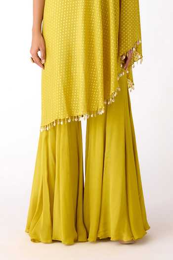 Basanti Kapde aur Koffee_Yellow Chinon Mirrors, Zari, Beads One Placed Embroidered Cape Sharara Set _at_Aza_Fashions