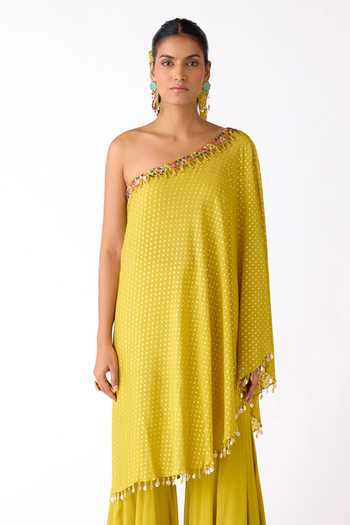 Buy_Basanti Kapde aur Koffee_Yellow Chinon Mirrors, Zari, Beads One Placed Embroidered Cape Sharara Set 