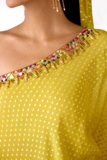 Shop_Basanti Kapde aur Koffee_Yellow Chinon Mirrors, Zari, Beads One Placed Embroidered Cape Sharara Set 