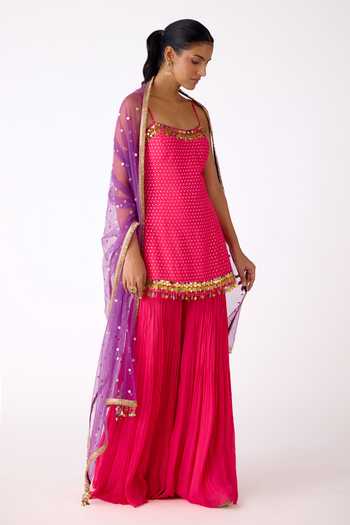 Buy_Basanti Kapde aur Koffee_Pink Chinon Beads, Zari, Mirrors Square Placed Embroidered Kurta Sharara Set _Online_at_Aza_Fashions