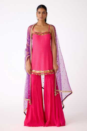 Basanti Kapde aur Koffee Placed Embroidered Kurta Sharara Set 