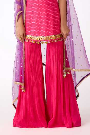 Shop_Basanti Kapde aur Koffee_Pink Chinon Beads, Zari, Mirrors Square Placed Embroidered Kurta Sharara Set _Online_at_Aza_Fashions