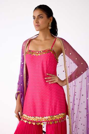 Basanti Kapde aur Koffee_Pink Chinon Beads, Zari, Mirrors Square Placed Embroidered Kurta Sharara Set _at_Aza_Fashions