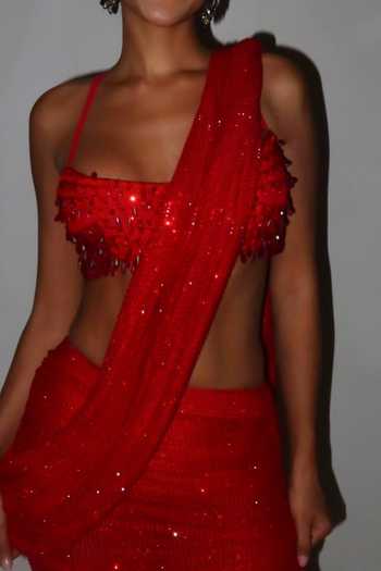 Buy_Itrh_Red Net Crystals One Shoulder Crimson Jewel Pre-draped Saree Set _Online_at_Aza_Fashions