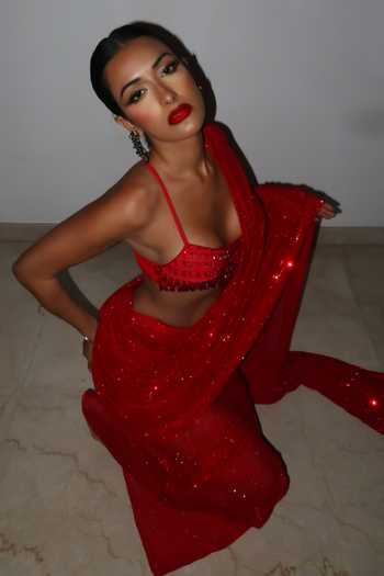 Shop_Itrh_Red Net Crystals One Shoulder Crimson Jewel Pre-draped Saree Set _Online_at_Aza_Fashions