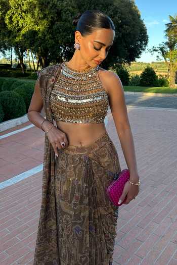 Buy_Itrh_Gold Net Stones, Crystals High Neck Ancient Glyphs Pre-draped Saree And Blouse Set _Online_at_Aza_Fashions