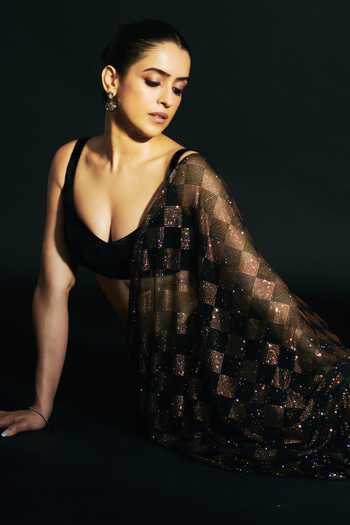 Itrh_Black Net Crystals V-neck Golden Nightfall Pre-draped Saree Set _Online_at_Aza_Fashions