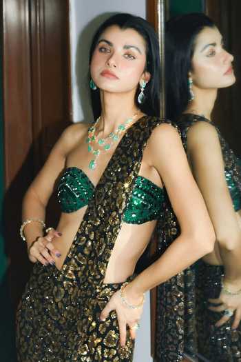 Shop_Itrh_Black Net Crystals, Sequins Sweetheart Wild Whisper Pre-draped Saree With Blouse _Online_at_Aza_Fashions