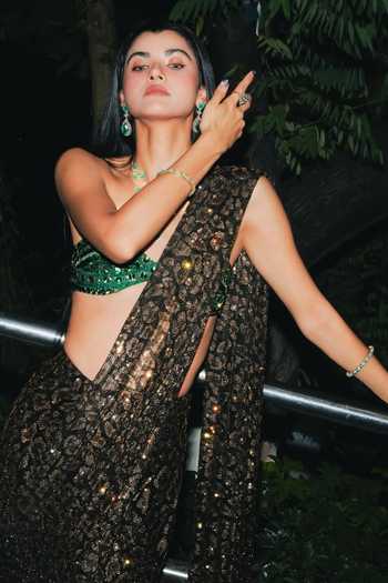 Itrh_Black Net Crystals, Sequins Sweetheart Wild Whisper Pre-draped Saree With Blouse _at_Aza_Fashions