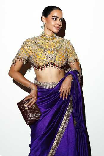 Buy_Itrh_Purple Silk, Tussar Beads, Vasudhara Saree With Embroidered Jadaau Blouse _Online_at_Aza_Fashions