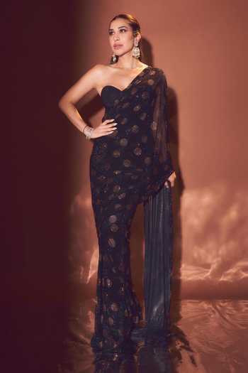 Itrh Polka Dottie Pre-Draped Saree Blouse Set 