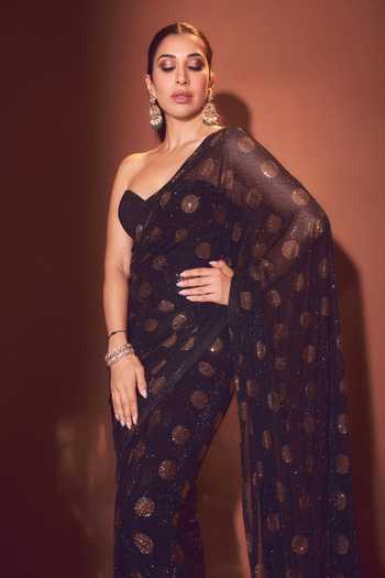 Itrh_Black Net Sequins Sweetheart Neck Polka Dottie Pre-draped Saree Blouse Set _at_Aza_Fashions