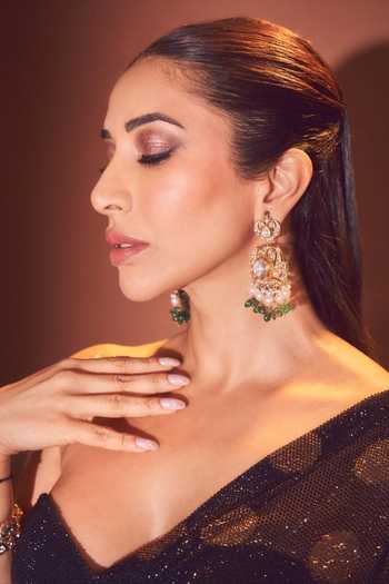 Buy_Itrh_Black Net Sequins Sweetheart Neck Polka Dottie Pre-draped Saree Blouse Set 