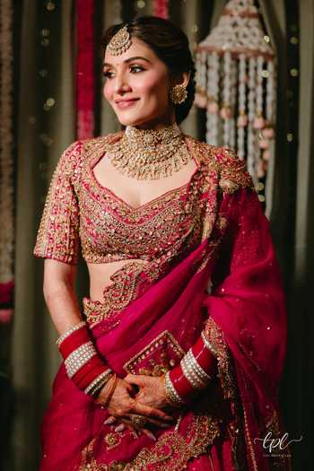 Buy_Itrh_Pink Silk, Georgette Zari, Stones, Regal Motif Embroidered Bridal Lehenga Set _Online_at_Aza_Fashions
