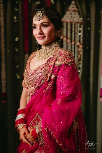 Shop_Itrh_Pink Silk, Georgette Zari, Stones, Regal Motif Embroidered Bridal Lehenga Set 