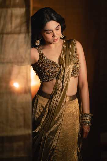 Shop_Itrh_Gold Silk, Tissue Zari, Stones, Gota Patti Jadau Embellished Bloue Lehenga Set _Online_at_Aza_Fashions