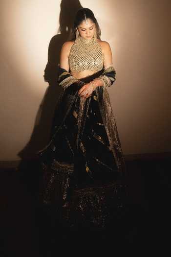 Buy_Itrh_Gold Organza, Net Mirrors, Gota Patti High Kasturi Wagh Embellished Lehenga Set _Online_at_Aza_Fashions